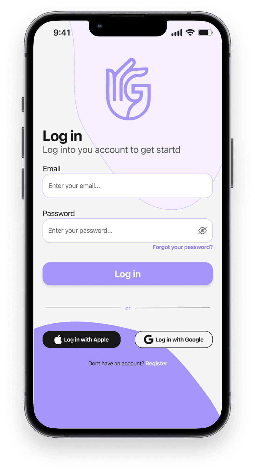 Gestura prijava na iPhoneu s poljima za e-mail i lozinku te tipkama za Apple i Google.